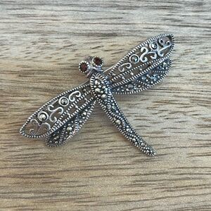 Vintage Dragonfly Sterling Silver 925 Marcasite & Crystal Pin